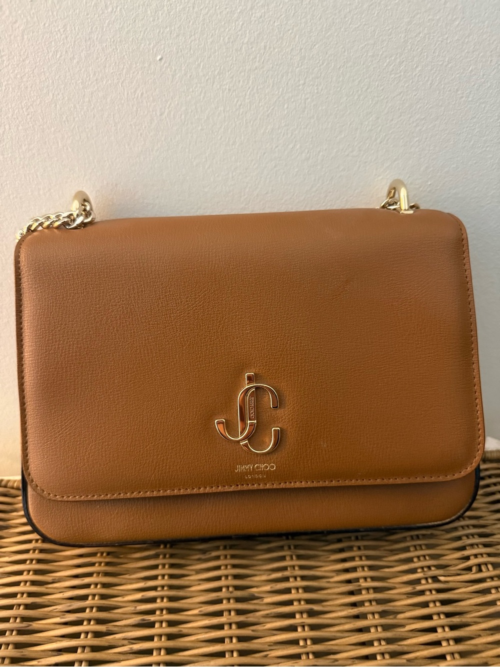 Jimmy Choo Cognac Leather Crossbody with Gold JC Emblem